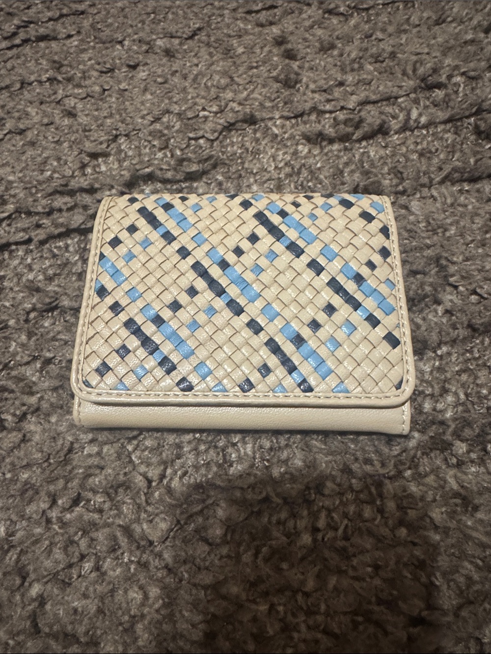 Woven Compact Wallet in Cream with Blue Accents